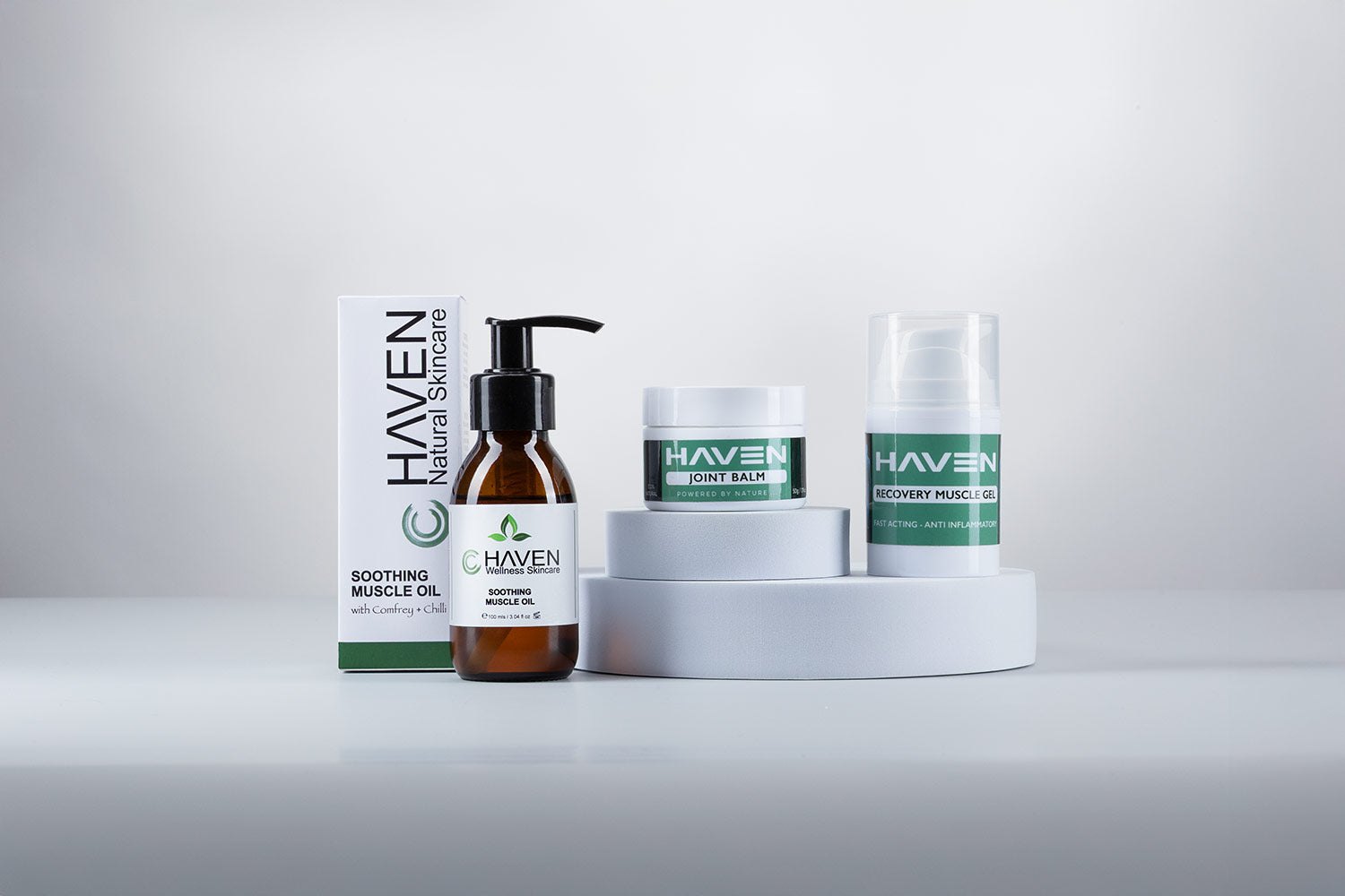 Several products from the Haven range grouped on pale podiums